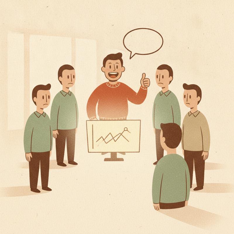 Editorial illustration of an engineering manager giving a thumbs up during a standup while four engineers stare back with blank expressions