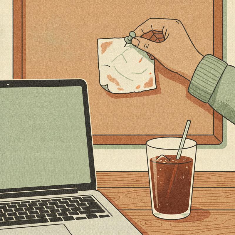 Editorial illustration of a hand pinning a worn handwritten note to a corkboard above a desk with a laptop and cold coffee