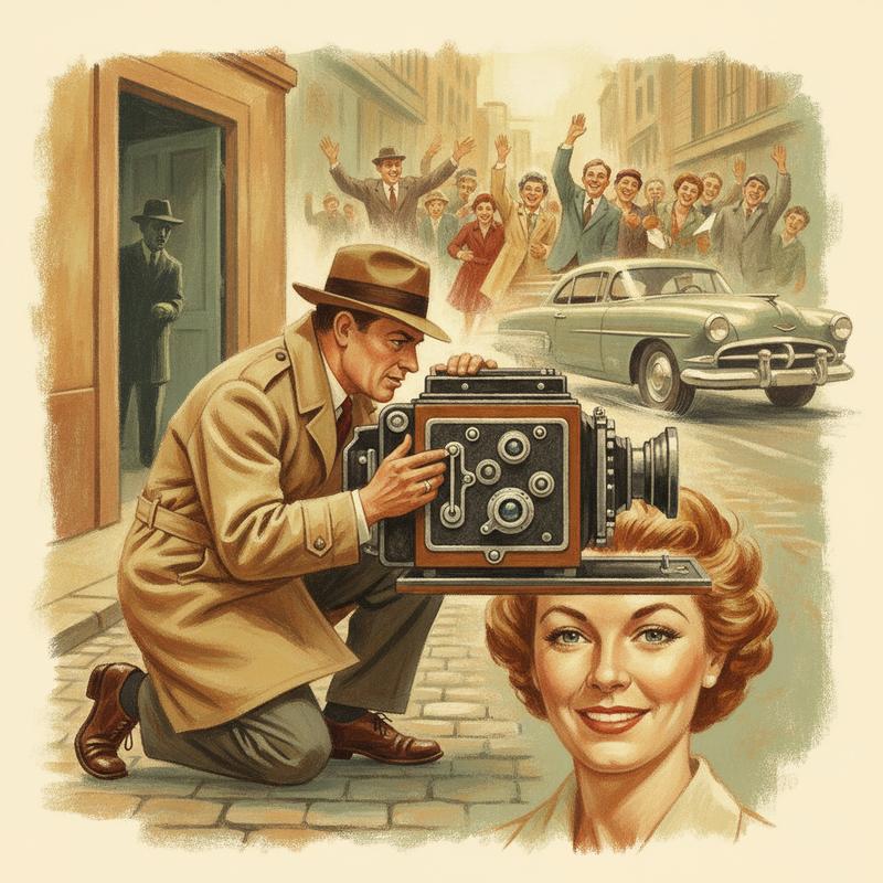 A 1950s press photographer adjusting a camera covered in dials while a dim doorway, a cheering crowd, a passing car and a close portrait surround him