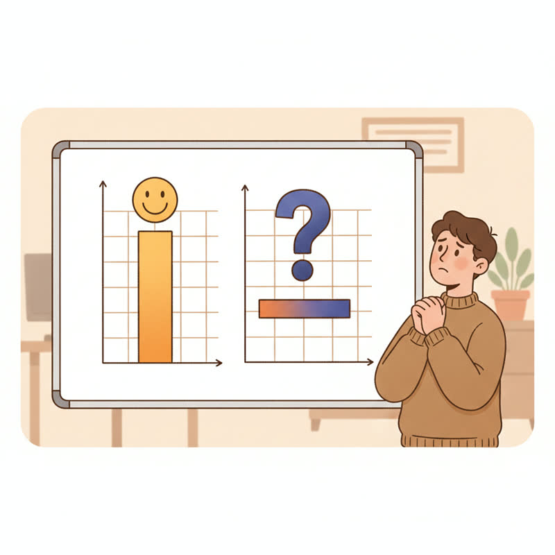 A person standing puzzled in front of two charts, one bar soaring and one barely registering