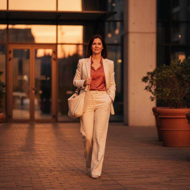 A professional walking away from the office with energy and calm at end of day
