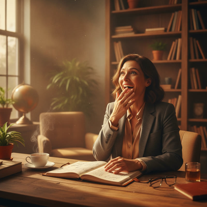A professional woman laughing with surprise and delight at her desk, open journal, warm light filling the room