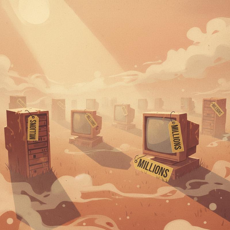 Tombstones shaped like old monitors with price tags showing millions