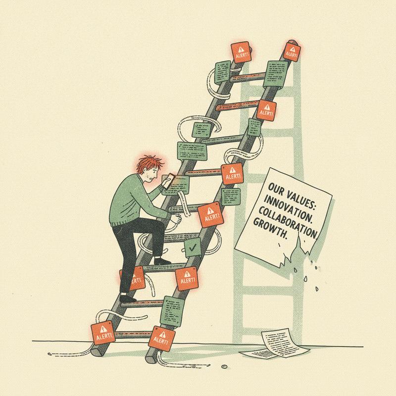 A promotion ladder built from code review comments and pager alerts, an engineer climbing while a values poster falls off the wall