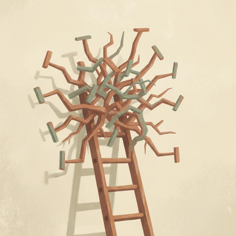 A wooden ladder leaning against a wall, halfway up it transforms into a tangled set of branching paths and dead ends
