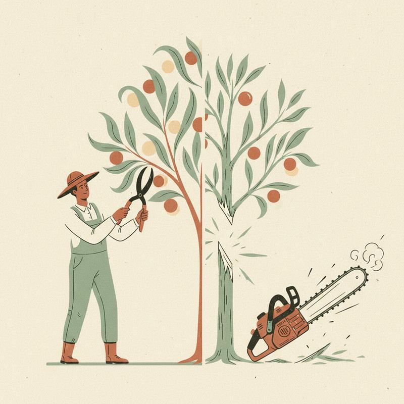 A gardener carefully pruning a fruit tree on one side, a chainsaw felling the same tree to a stump on the other