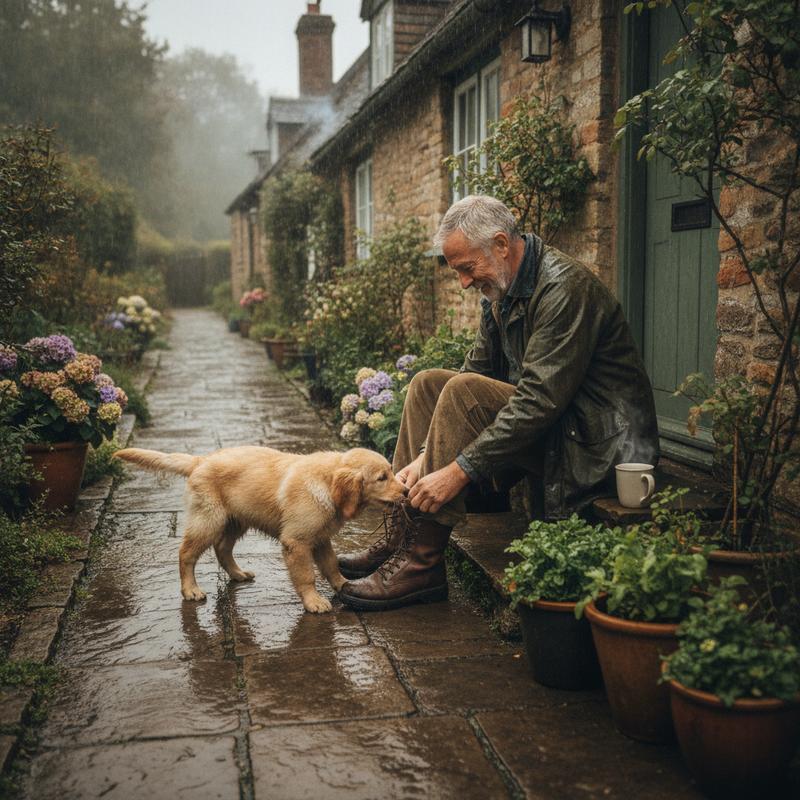 A grey-haired man sits on a cottage doorstep in the rain pulling on muddy boots while a golden puppy tugs at his bootlace