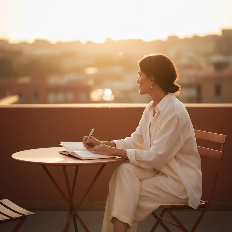 A person pausing to reflect and write, golden hour light