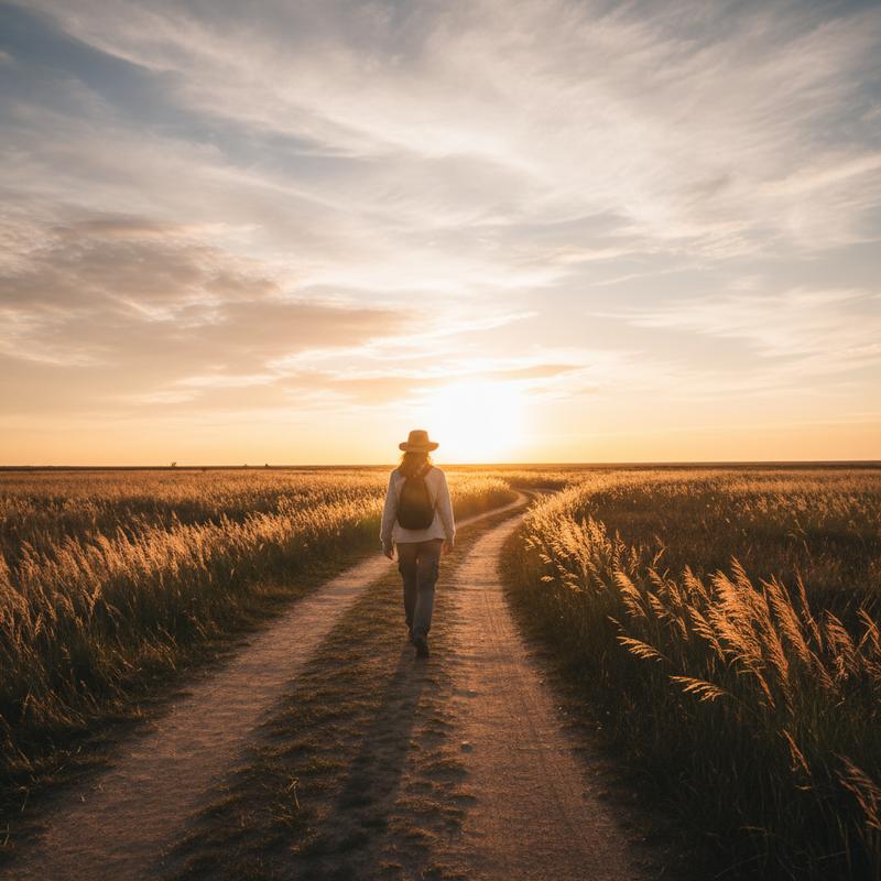 A person walking their own sunlit path toward the horizon