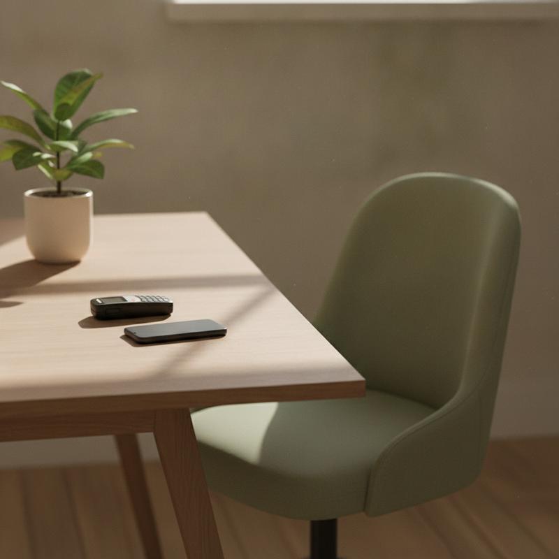 A silent pager and a phone lying on a tidy, sunlit desk beside an empty office chair at the end of the day