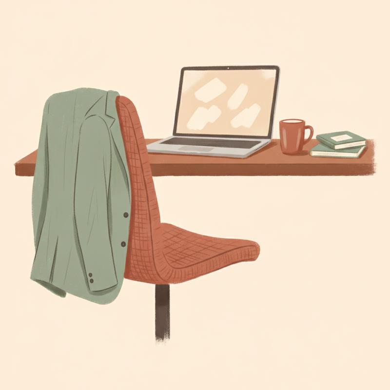 An empty office chair pushed back from a desk with a laptop still open and a coat left on the chair back
