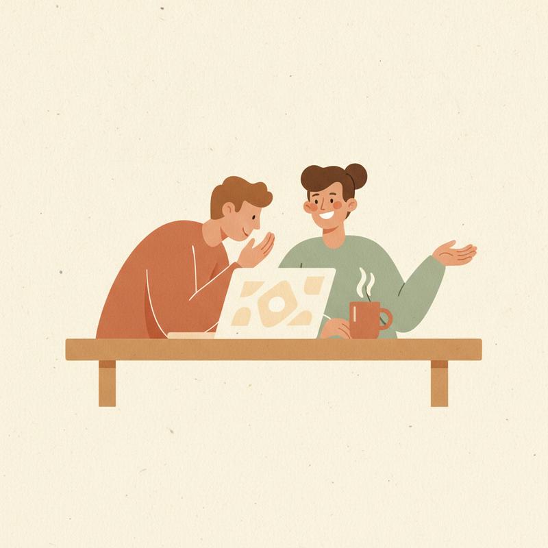 Two colleagues at a desk, one leaning in and speaking quietly to the other who looks genuinely pleased, warm editorial illustration