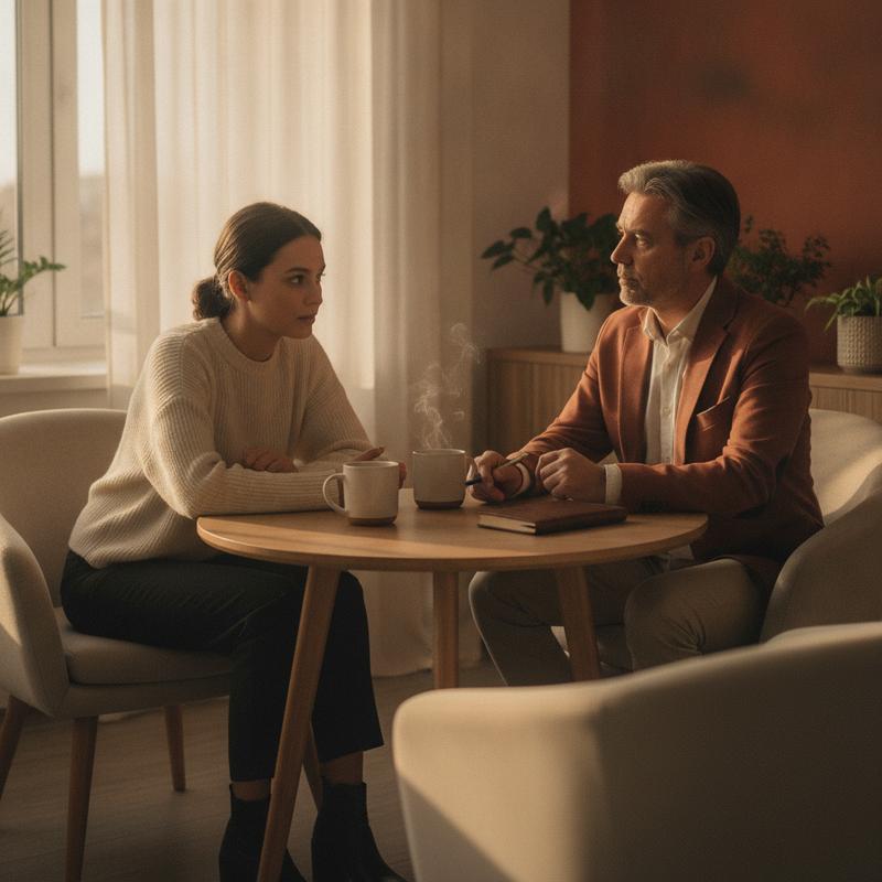 Two colleagues sit at a small round table with mugs of tea as the younger one speaks with calm, steady eye contact and the older manager listens