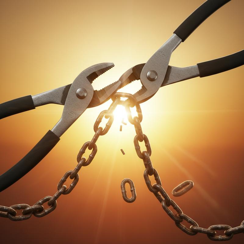 Bolt cutters cutting through a heavy chain, backlit by bright warm light