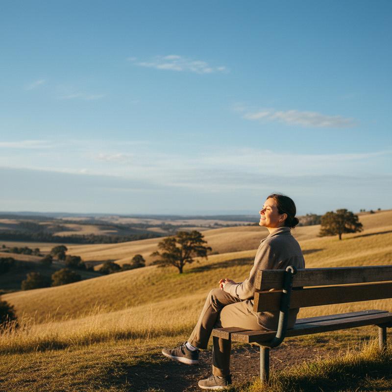 A person sitting on a bench, looking out at open countryside, calm and clear-eyed