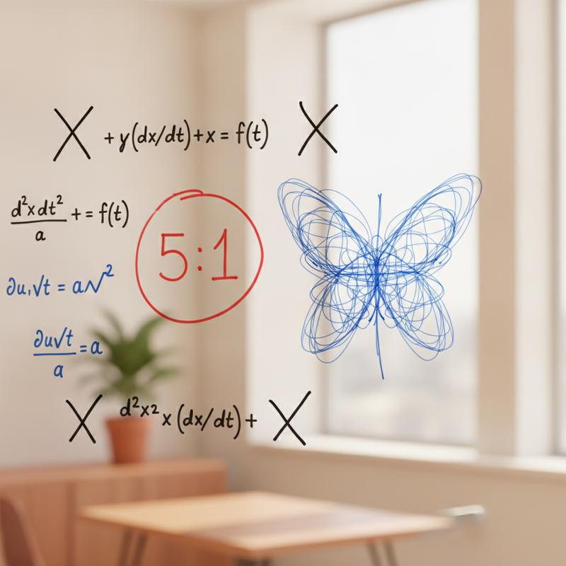Whiteboard with a red circled 5:1 ratio surrounded by crossed-out equations and a butterfly-shaped Lorenz attractor sketch