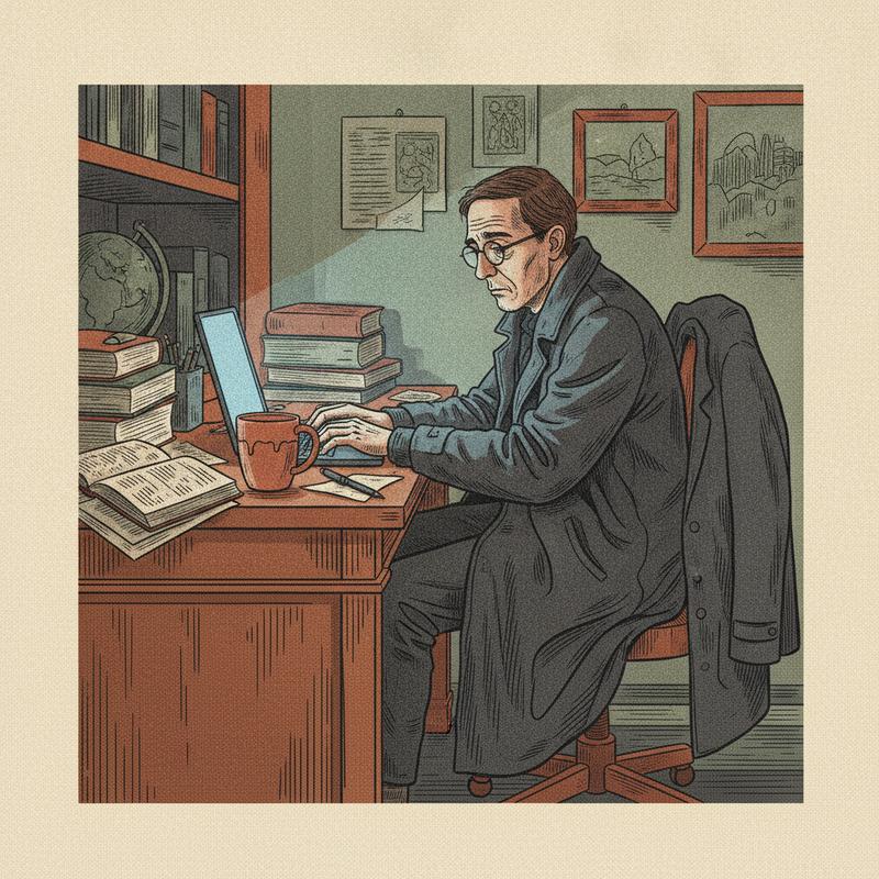 A person sits alone at a cluttered desk in a dim office late at night, laptop glow on their face, cold coffee beside them, coat still on the chair back