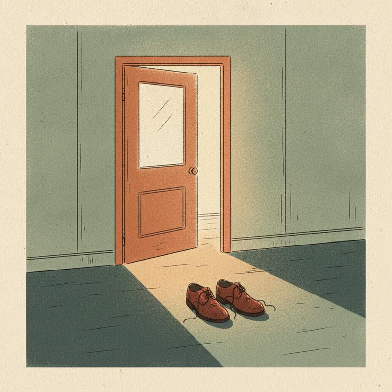 A slightly open office door with warm light spilling into a dark corridor, a pair of shoes visible in the gap