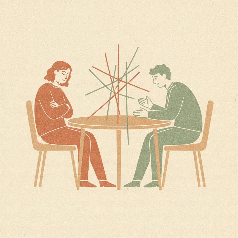 Two colleagues either side of a meeting room table, one leaning back with folded arms, the other leaning forward with open hands, listening