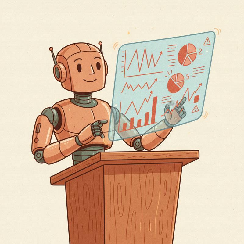 Confident AI agent presenting flawed data at a podium
