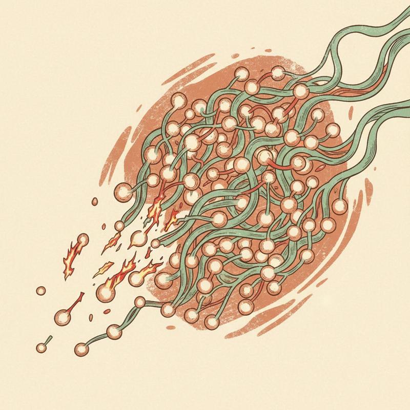 Neural network diagram with broken pathways highlighted