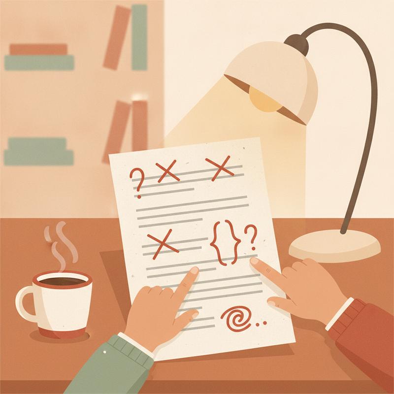 Two people pointing at honest red pen notes on a printed draft beside a coffee mug