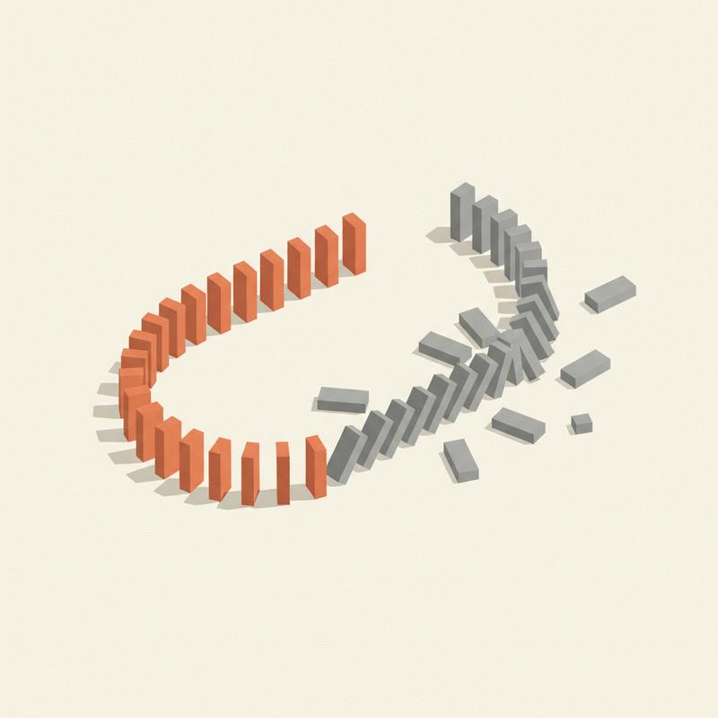 Two lines of dominoes on a cream background, a terracotta line standing straight and a grey line toppling over