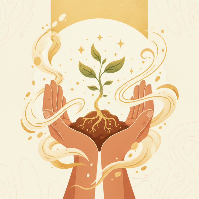 Hands holding a small growing plant in warm golden light, representing reignited curiosity