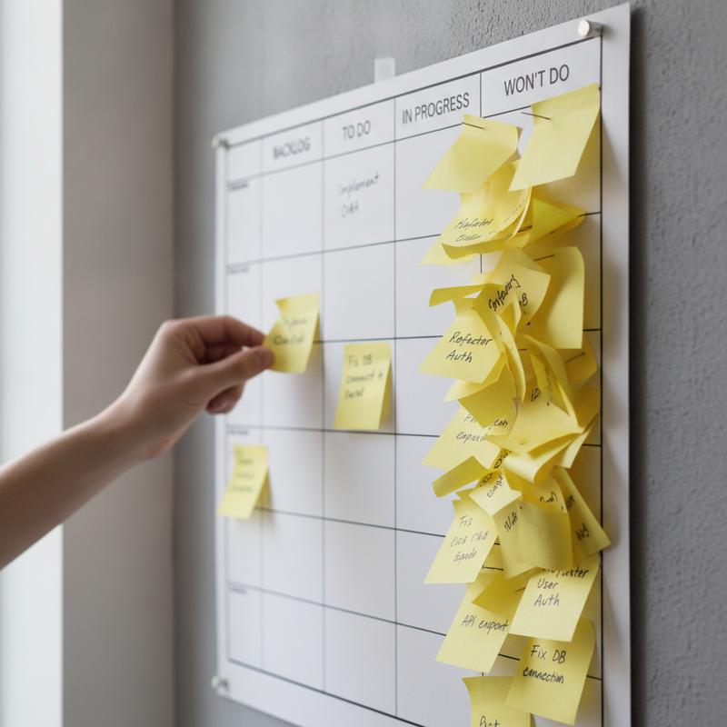 A kanban board with the Won't Do column overflowing with faded sticky notes while a hand moves one note back into To Do