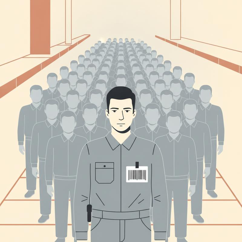 A worker with a barcode badge standing in a long row of identical gray silhouettes