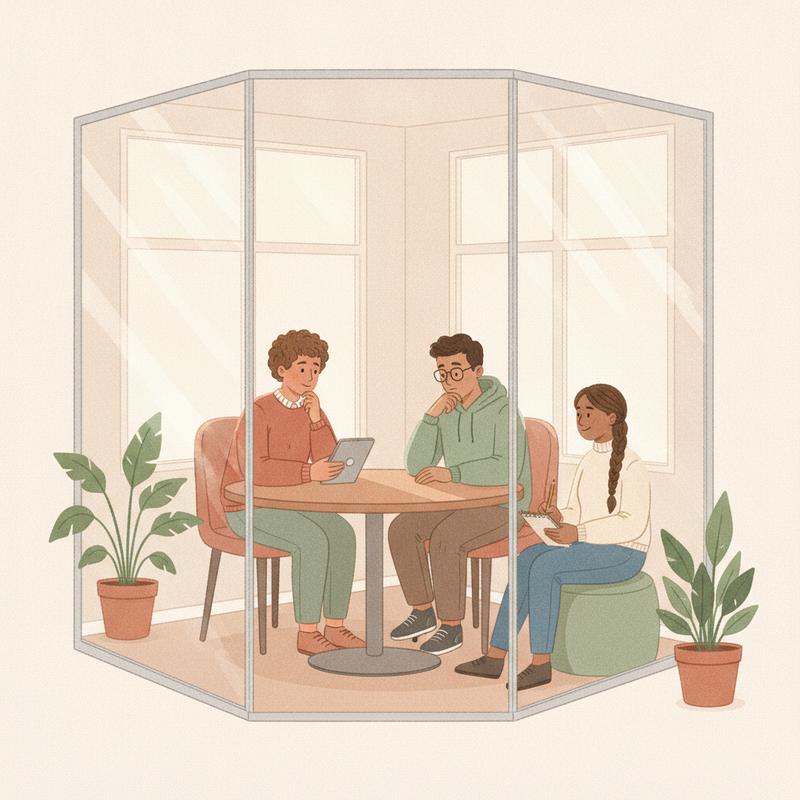 An engineering manager rehearses a feedback conversation with a colleague while a third colleague observes and takes notes