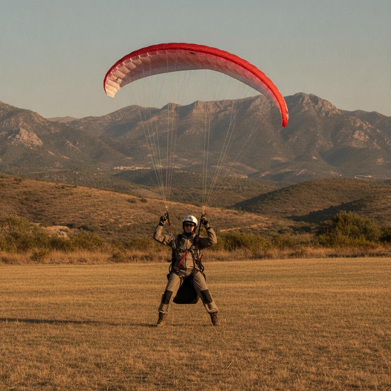 A paramotor student on a dry Spanish field holds the brake lines of a red training wing overhead, mountains behind