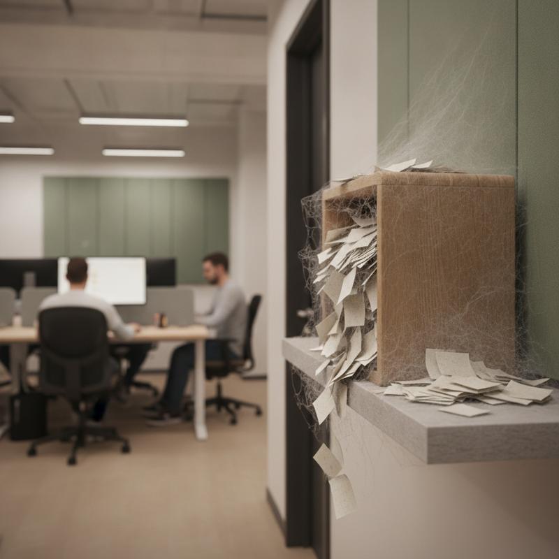 A dusty wooden suggestion box overflowing with paper slips and draped in cobwebs, on a shelf in a tech office with engineers working in the background