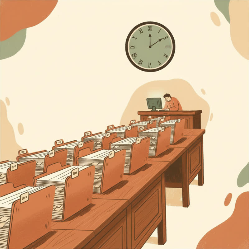 A queue of folders waiting at a review desk with a clock showing a long wait