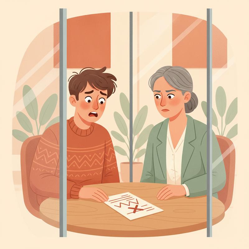 An engineer sits across a table from their manager in a glass meeting room, shocked by what is on the single sheet of paper between them