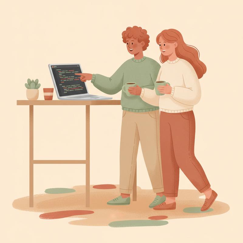 Two colleagues stand side by side at a desk looking at a code diff on a laptop, one pointing at the screen mid-conversation