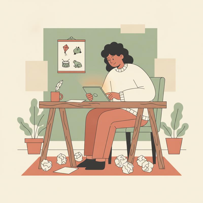 A writer at a desk works happily on a tablet beneath a small card showing a kite, a drum and a frog, with crumpled pages on the floor