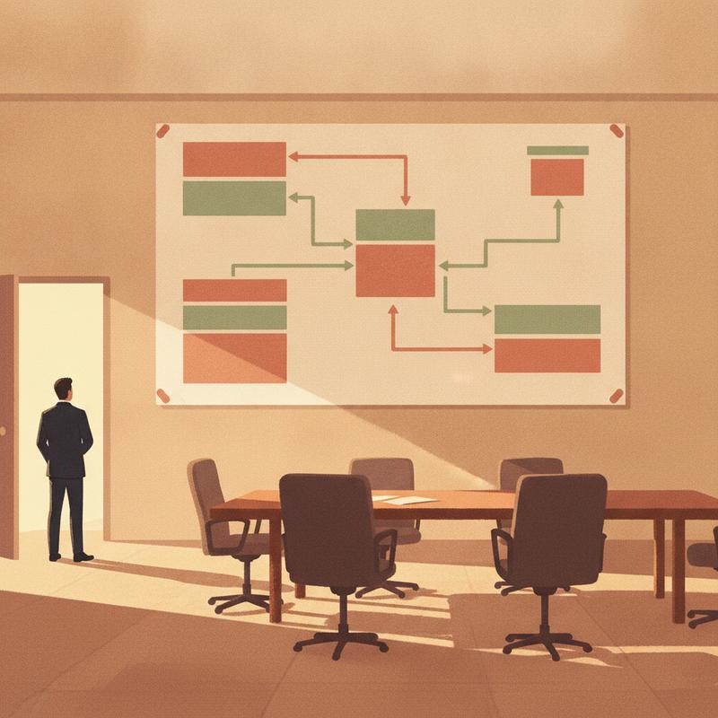 An architecture roadmap pinned to the wall of an empty meeting room with one person looking at it from the doorway