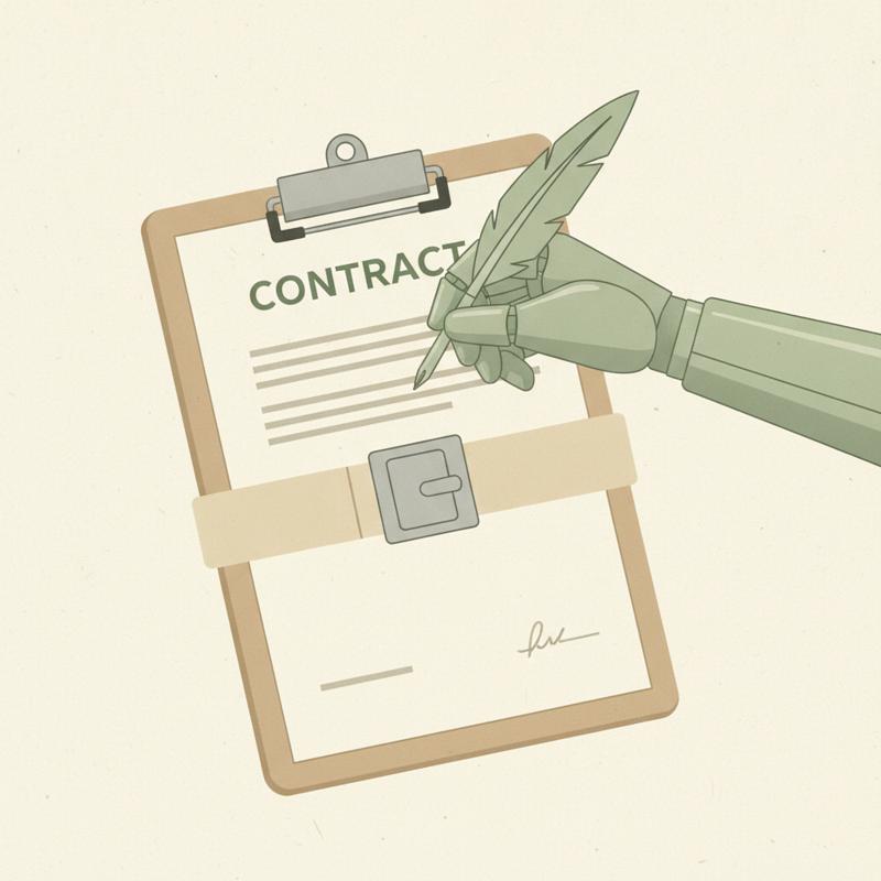 A robot arm signing a paper contract on a clipboard with a seatbelt strap across it