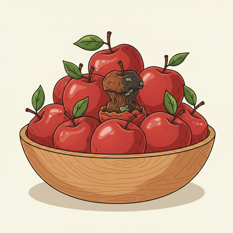 One rotten apple among a bowl of fresh ones