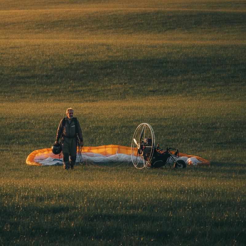 A paramotor pilot walks away across a grassy field at golden hour, helmet in hand, his wing lying on the grass behind him