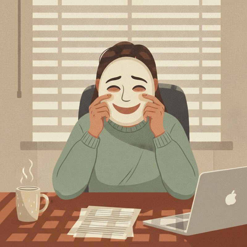 A tired office worker holding a painted smiling mask in front of their weary face at a desk