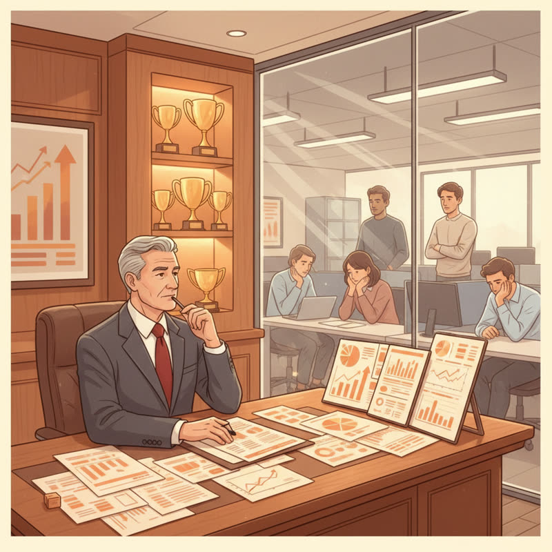 A senior manager sits surrounded by performance metrics and trophies while the team through the glass window looks disengaged