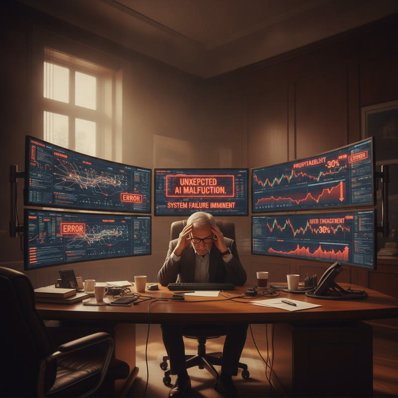 A frustrated tech leader staring at error-filled AI dashboards in a warm office
