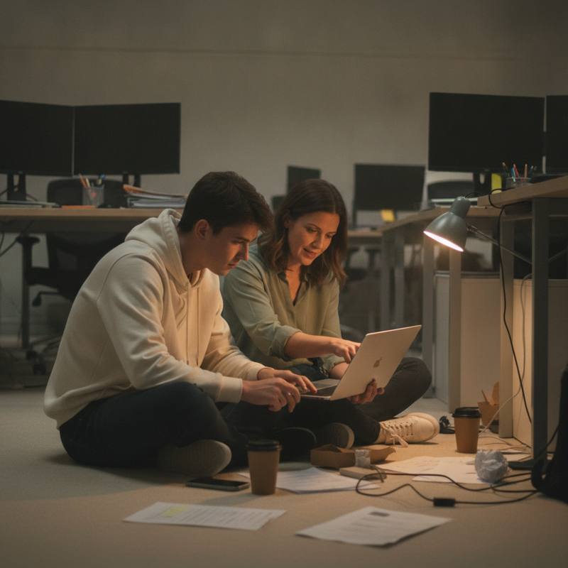 A manager sitting on the office floor at night helping a colleague with a laptop