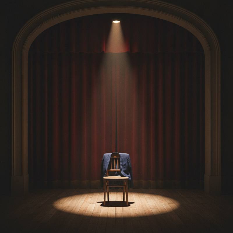 An empty theater stage with a single spotlight on a jacket draped over a chair
