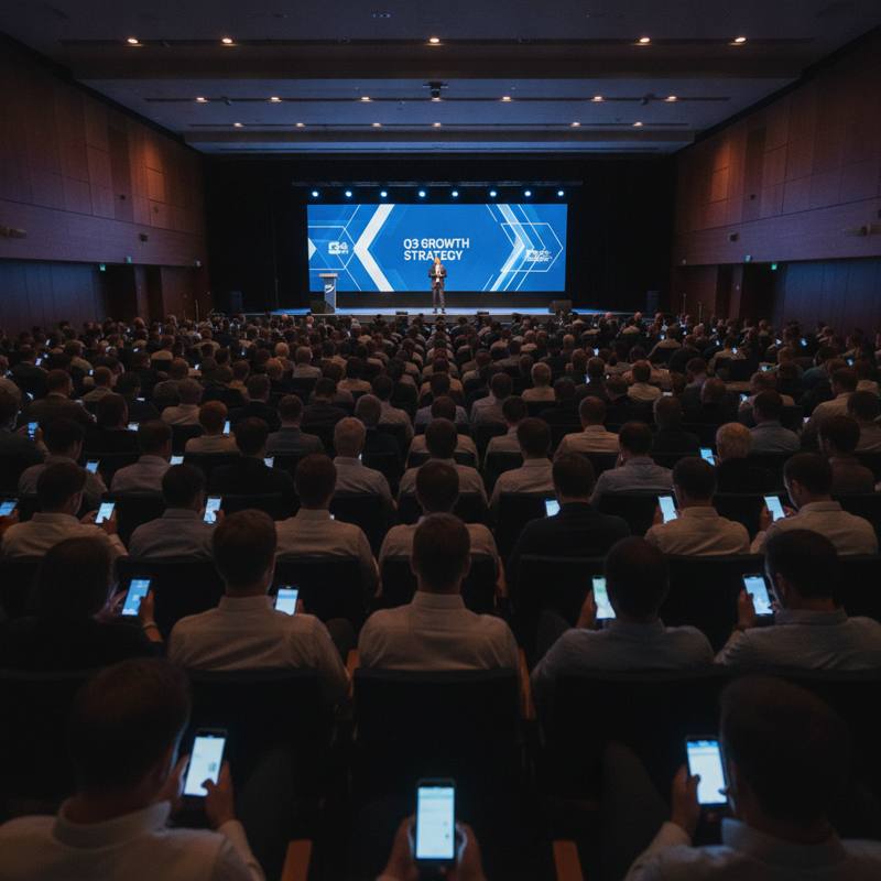 Employees looking at their phones during a polished corporate town hall presentation