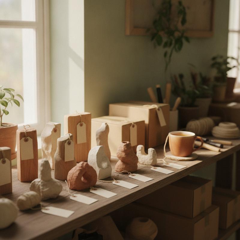 A workshop shelf lined with small unfinished prototypes and boxes, each with a blank paper tag tied on with string, beside a mug of tea