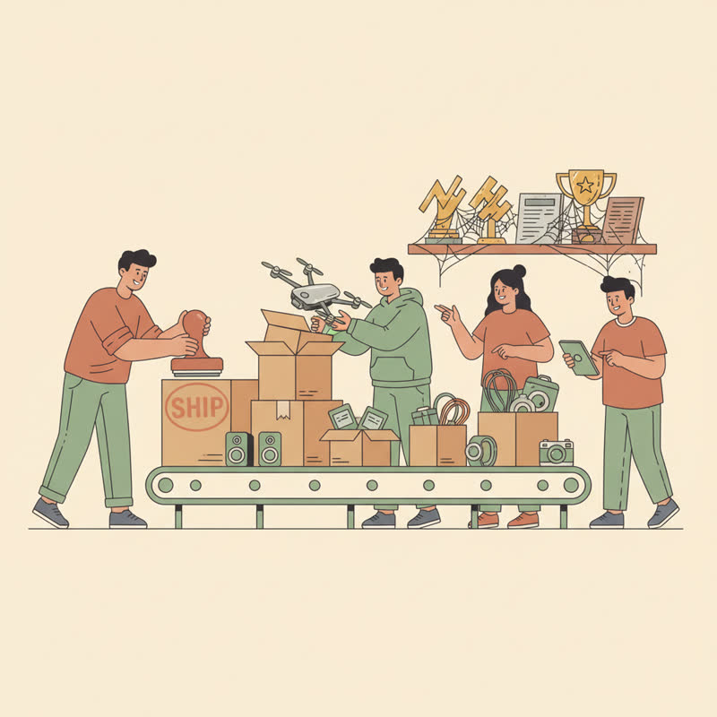 A relaxed engineer stamping the word ship onto boxes on a conveyor belt while old benchmark trophies gather dust