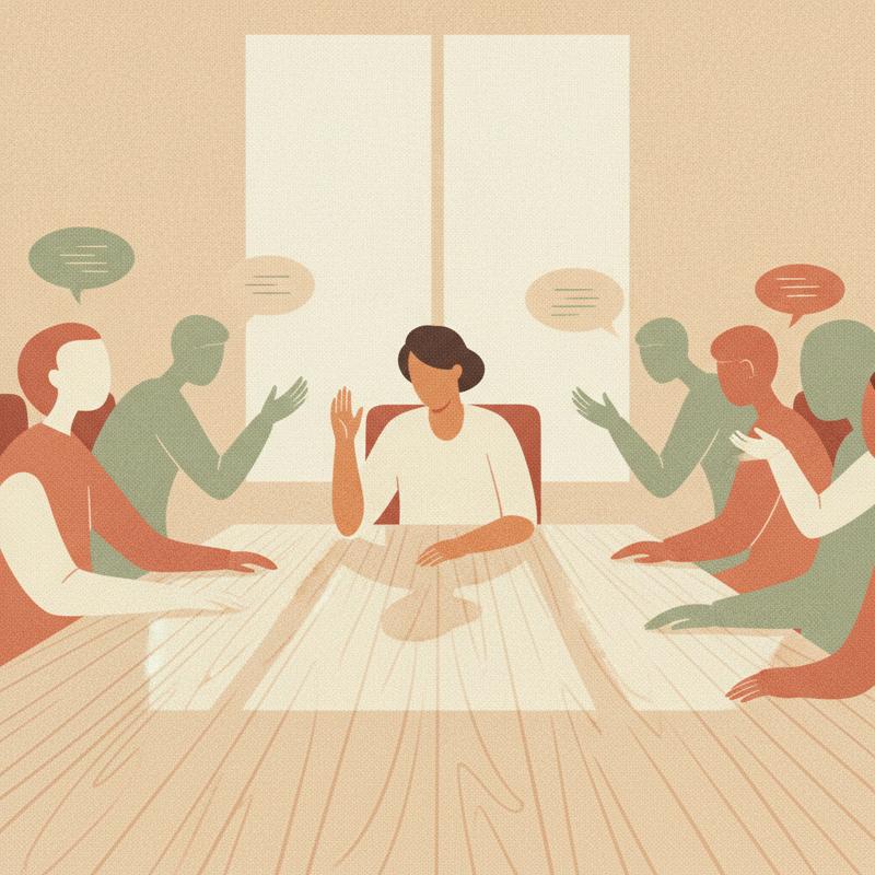 A person at a long conference table lowering a half-raised hand while colleagues talk past them